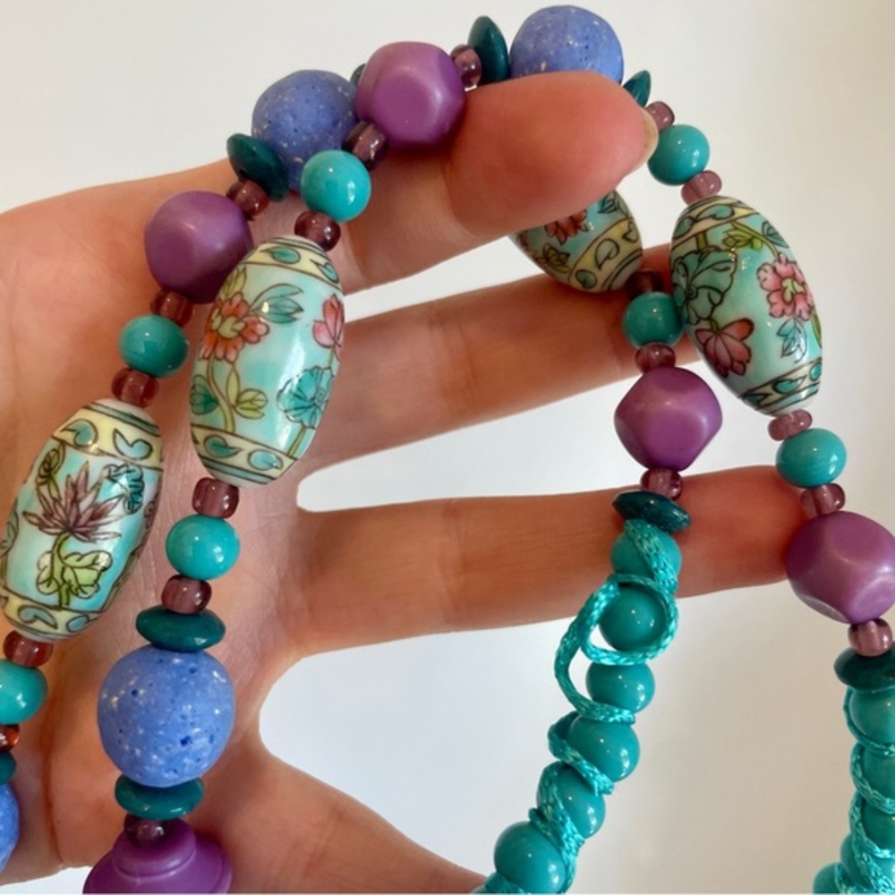 Vintage Chinese Porcelain Hand Painted Necklace Floral Silk Teal Purple Enamel - Picture 2 of 7